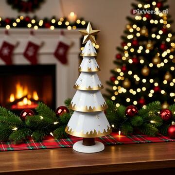 Albero di Natale in Latta h 33 cm - 12x12 h33 cm - Bianco e Oro - Decorazione Natalizia