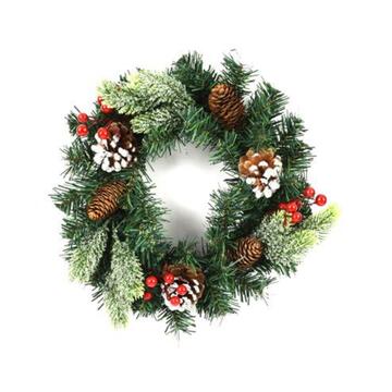 Dietroporta Ghirlanda Tondo con Bacche Rosse e Pigne d 35 cm - Effetto Innevato - Decorazione Natalizia - Addobbo di Natale