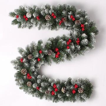 Trancio/Ramo Innevato di Pino Verde Artificiale di Natale 25x200 cm - Decorazione Natalizia - Addobbo di Natale - con Pigne e Bacche Rosse