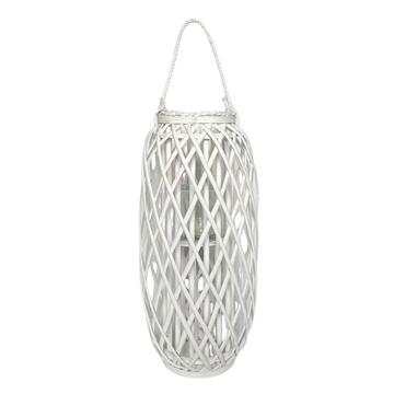 Lanterna in Vimini Bianco 30x30 h60 cm - con Manico in Corda e Porta Candela - Inserto in Vetro