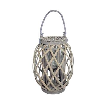 Lanterna in Vimini Grigia 23x23 h30 cm - con Manico in Corda e Porta Candela - Inserto in Vetro