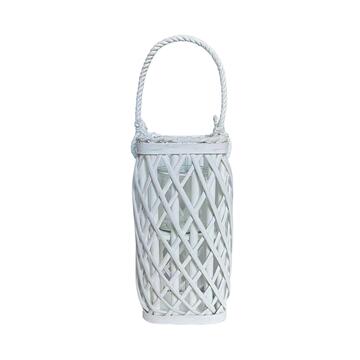 Lanterna in Vimini Bianca 14x14 h30 cm - con Manico in Corda e Porta Candela - Inserto in Vetro