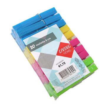 Confezione 20 Mollette per Bucato da 9 cm in Plastica Colorate - Antivento - Pinze per Stendibiancheria
