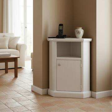 Mobiletto Porta Telefono ad Angolo Seta Decapè con Vano a Giorno + Scomparto Chiuso - Arte Povera - 57x41 h78 cm - Made in Italy