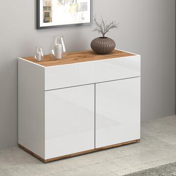 Credenza Garda 2 Ante + 1 Cassetto, L 80 cm, Bianco Lucido/Rovere, Made in Italy