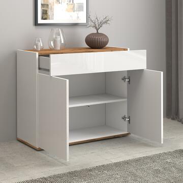 Credenza Garda 2 Ante + 1 Cassetto, L 80 cm, Bianco Lucido/Rovere, Made in Italy