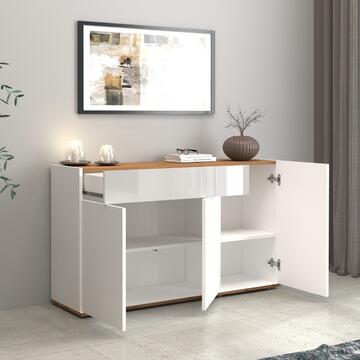 Credenza Garda 3 Ante + 1 Cassetto, L 120 cm, Bianco Lucido/Rovere, Made in Italy