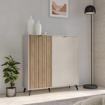 Madia Moderna Multiuso 2 Ante 123x41 h 125cm Cashmere + Anta Effetto Cannettato Rovere