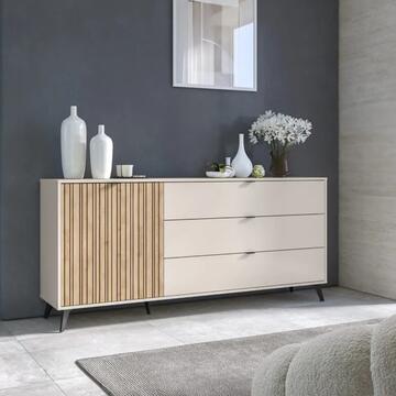 Madia Moderna Multiuso 1 Anta + 3 Cassetti 183x41 h 83cm Cashmere + Anta Effetto Cannettato Rovere