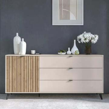 Madia Moderna Multiuso 1 Anta + 3 Cassetti 183x41 h 83cm Cashmere + Anta Effetto Cannettato Rovere