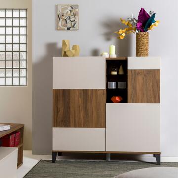 Madia Moderna 3 Ante + 2 Ripiani a Giorno in Vetro Noce/Cashmere 120x45 h120,3 cm