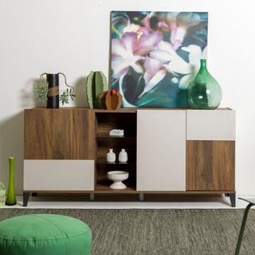 Madia Contenitore Moderna 3 Ante + 2 Ripiani a Giorno in Vetro Noce/Cashmere 180x45 h84 cm