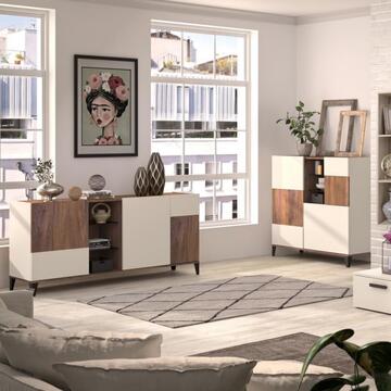 Madia Contenitore Moderna 3 Ante + 2 Ripiani a Giorno in Vetro Noce/Cashmere 180x45 h84 cm