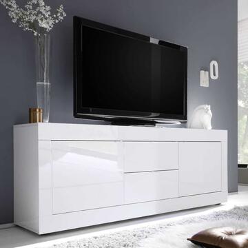 Madia Moderna Basic Porta TV 2 Ante + 2 Cassetti 210x43 h 66 cm, Made in Italy, Bianco Lucido