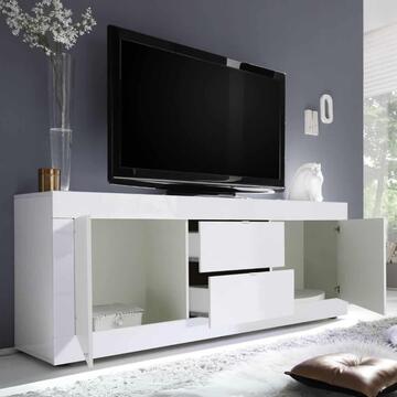 Madia Moderna Basic Porta TV 2 Ante + 2 Cassetti 210x43 h 66 cm, Made in Italy, Bianco Lucido