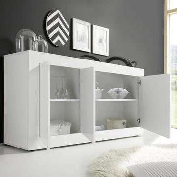 Madia Moderna Basic 3 Ante 160x43 h 86 cm, Made in Italy, Bianco Lucido