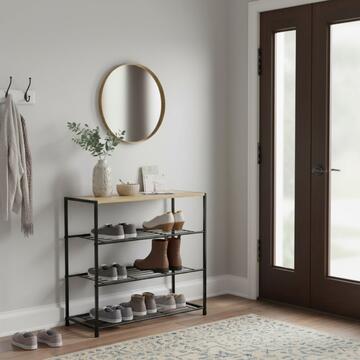 Consolle Betz - Porta Scarpe con 3 Livelli a Grigia e Struttura in Metallo - 63x30 h63 cm - Rovere/Nero - per Ingresso, Corridoio, Soggiorno