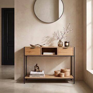 Console da Ingresso Betz 100x30 h80 cm Nera/Rovere con 2 Cassetti + 1 Vano
