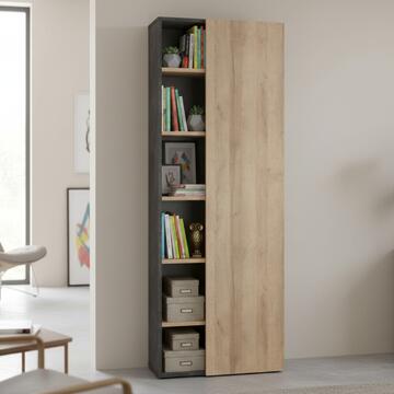 Libreria alta Core, moderna con 1 anta + 5 ripiani, legno Grigio/Rovere, 80x35xh216