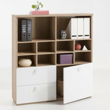 Libreria moderna per ufficio 1 anta + 2 cassetti in finitura legno rovere bianco