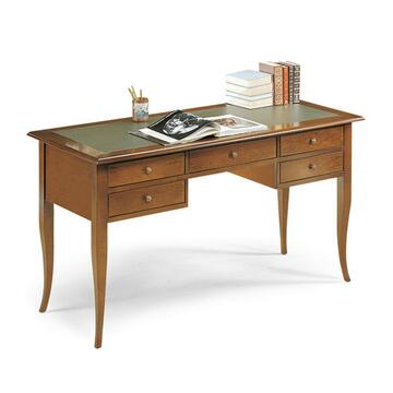 Scrivania Classica - Design Vintage - 130x65 h80 cm - in Legno Noce con Piano Rivestito in Ecopelle Verde + 5 Cassetti