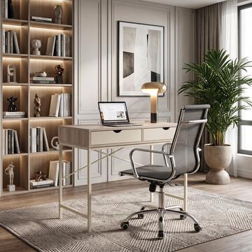 Scrivania Moderna Salvaspazio Porta PC 95x48 h76 cm con Struttura in Metallo Verniciato Beige e 2 Cassetti