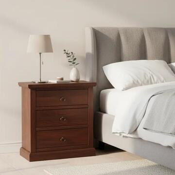 Comodino arte povera 3 cassetti in legno noce e maniglie in metallo