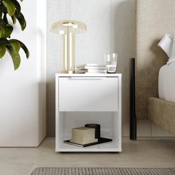 Comodino 1 Cassetto + 1 Vano a Giorno -  36,7x35,3 h43,50 cm - Camera da Letto - Bianco Lucido - Made in Italy