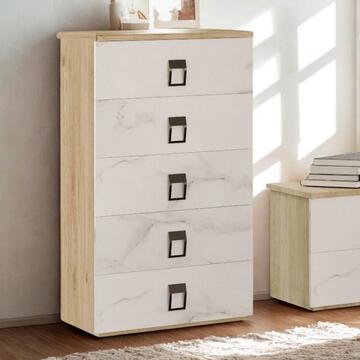Comò/Cassettiera Cinquino Alino Moderna - 48x40 h99 cm - Camera da Letto - con 5 Cassetti - Rovere Kadiz/Marmo - Made in Italy