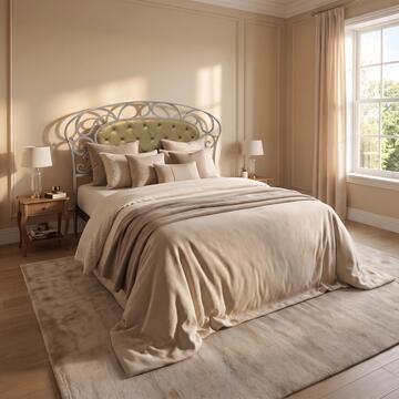 Letto Matrimoniale Classico Cora in Ferro Battuto Argento/Nero con Testiera Imbottita Oro 180x205 h140 cm