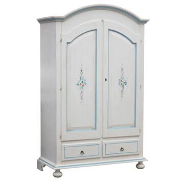 Armadio classico ad arco in legno bianco con finiture azzurre 2 ante + 2 cassetti
