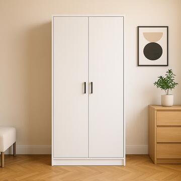 Armadio Moderno 2 Ante Battenti 83x54 h 180 in Melaminico Bianco con Maniglie in Metallo Verniciato