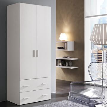 Armadio Moderno Small 2 Ante + 2 Cassetti - 82,6x53,3 h211 cm - Salvaspazio - Camera da Letto e Lavanderia - Bianco Frassino - Made in Italy
