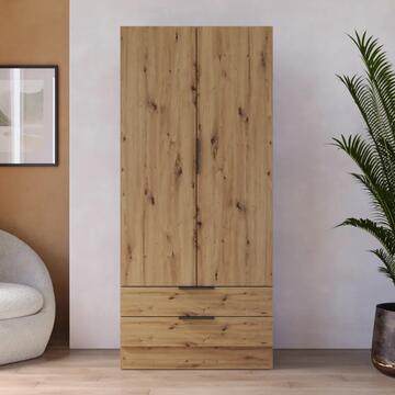 Armadio Moderno 2 Ante Battenti + 2 Cassetti - 82x46 h185 cm - Salvaspazio - Camera da Letto e Lavanderia - Rovere Facile Artisan - Made in Italy