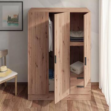 Armadio Moderno 3 Ante Battenti + 2 Cassetti - 120x47 h185 cm - Salvaspazio - Camera da Letto - Rovere Facile Artisan - Made in Italy