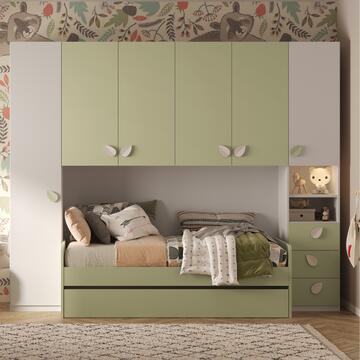 Cameretta a Ponte Joy 294x93 h 240cm con 6 Ante + 3 Cassetti, Bianco/Verde Pistacchio, Made in Italy