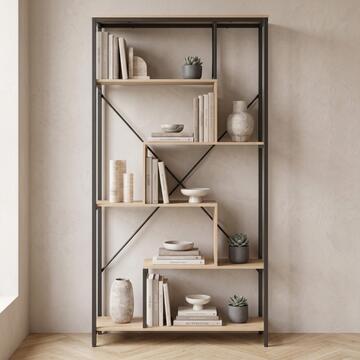 Libreria Moderna 5 Ripiani Zig Zag 85x35 h163 cm con Struttura in Metallo Nero