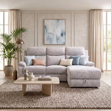 Divano 3 Posti Naly Greige con Recliner Elettrico + Chaise Longue Contenitore DX 198x163 h99 cm