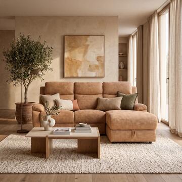 Divano 3 Posti Naly Caramello con Recliner Elettrico + Chaise Longue Contenitore DX 198x163 h99 cm