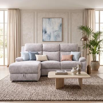 Divano 3 Posti Naly Greige con Recliner Elettrico + Chaise Longue Contenitore SX 198x163 h99 cm