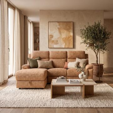 Divano 3 Posti Naly Caramello con Recliner Elettrico + Chaise Longue Contenitore SX 198x163 h99 cm