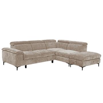 Divano Letto Komor Angolare DX Beige - 262x164 h98 cm - con Pouff Contenitore - Tessuto in Fibra di Poliestere Tramato