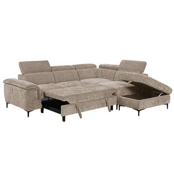 Divano Letto Komor Angolare DX Beige - 262x164 h98 cm - con Pouff Contenitore - Tessuto in Fibra di Poliestere Tramato