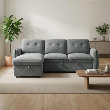 Divano Letto Angolare 3 Posti Reversibile Quincy Grigio - 236x158 h89 cm - con Vano Contenitore