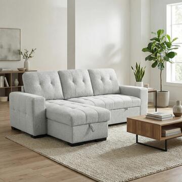 Divano Letto Angolare 3 Posti Reversibile Ellery Grigio - 250x155 h92 cm - con Vano Contenitore