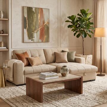 Divano Letto Angolare Reversibile Eclisse Beige 3 Posti - 250x154 h93 cm - con Maxi Chaise Longue con Vano Contenitore