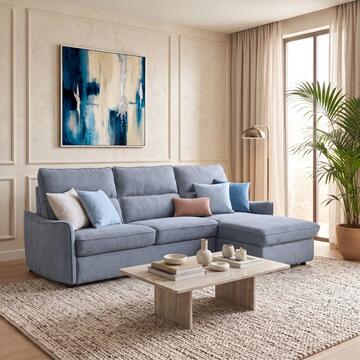Divano Letto Angolare Yanis Celeste Polvere 3 Posti con Chaise Longue Reversibile 271x165 h102 cm