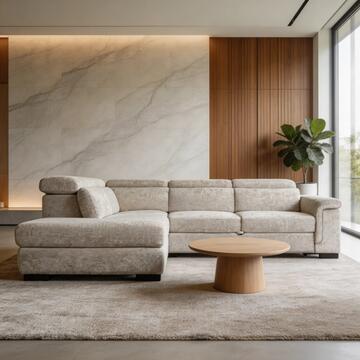 Divano Letto Angolare Sinistro Luna Taupe con Pouff Contenitore e Poggiatesta Reclinabili Made in Italy