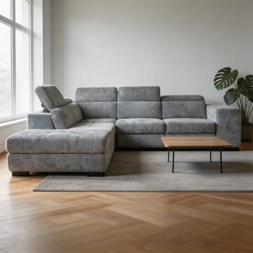 Divano Letto Angolare Reversibile Morfeo Grigio con Pouff Contenitore, 2 Pouff Piccoli e Poggiatesta Reclinabili Made in Italy