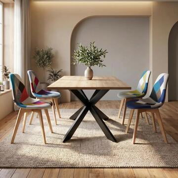 Set 4 Sedie Moderne Nordiche Patchwork Multicolor con Gambe in Legno Massello di Faggio 46x54 h81 cm